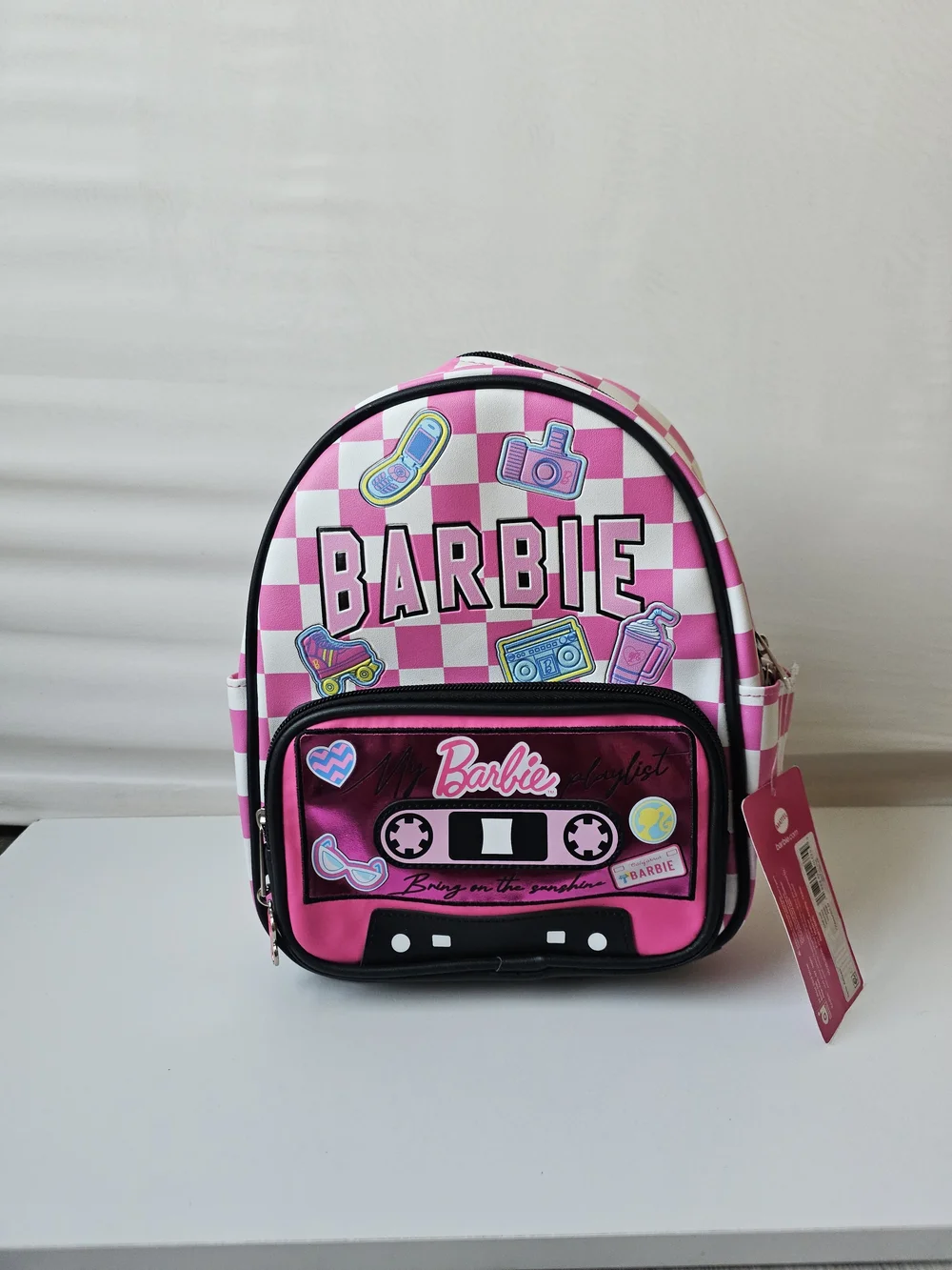 NWT Barbie Pink Checkered Retro Cassette Tape Mini Backpack